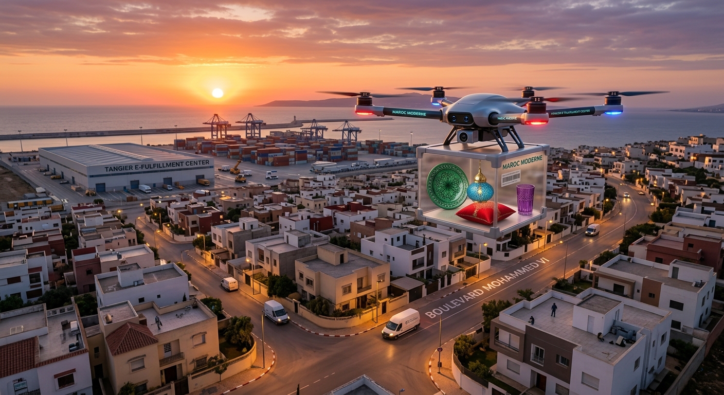 A delivery drone carrying a parcel hovering over a suburban neighborhood with a sunset background